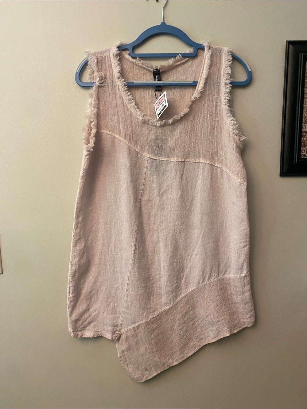Venti6 Sleeveless Frayed Raw Hem asymmetrical Blush Linen Tunic Top 🆕